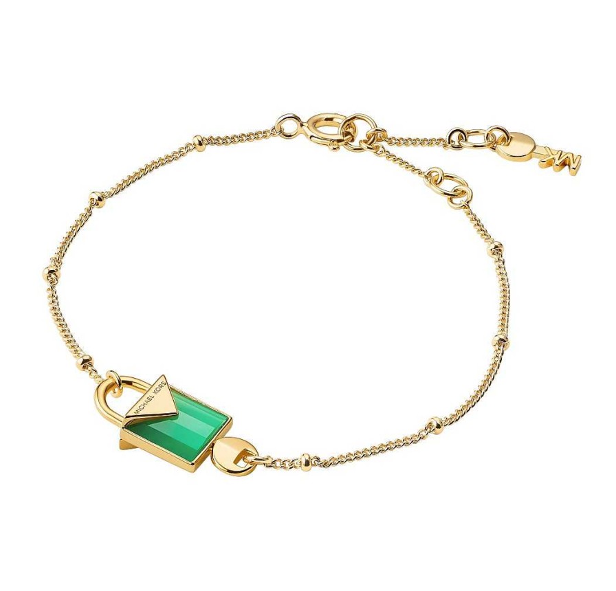 Joyas Michael Kors | Pulsera Michael Kors Chapada En Oro Candado Agata Color Esmeralda